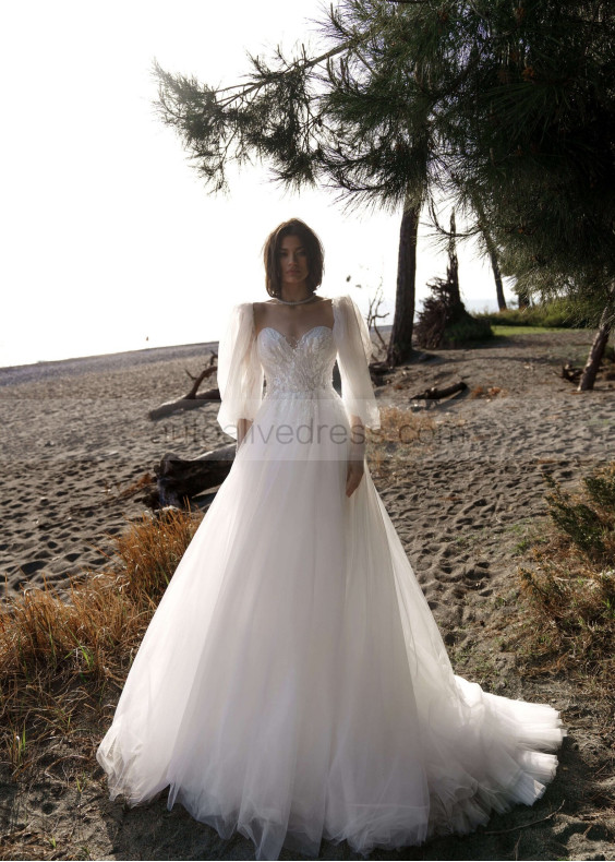 Strapless Beaded White Lace Tulle Wedding Dress With Removable Sleeves